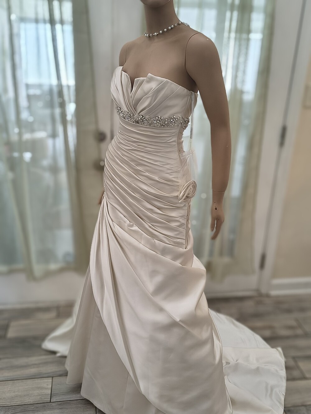 NWT Sophia Tolli Strapless Cream Satin Ruched Gown with Beaded Waist - Picture 3 of 16